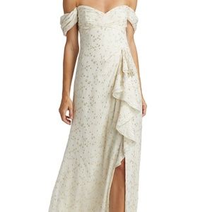 ML Monique Lhuillier Off-The-Shoulder Metallic Chiffon Gown